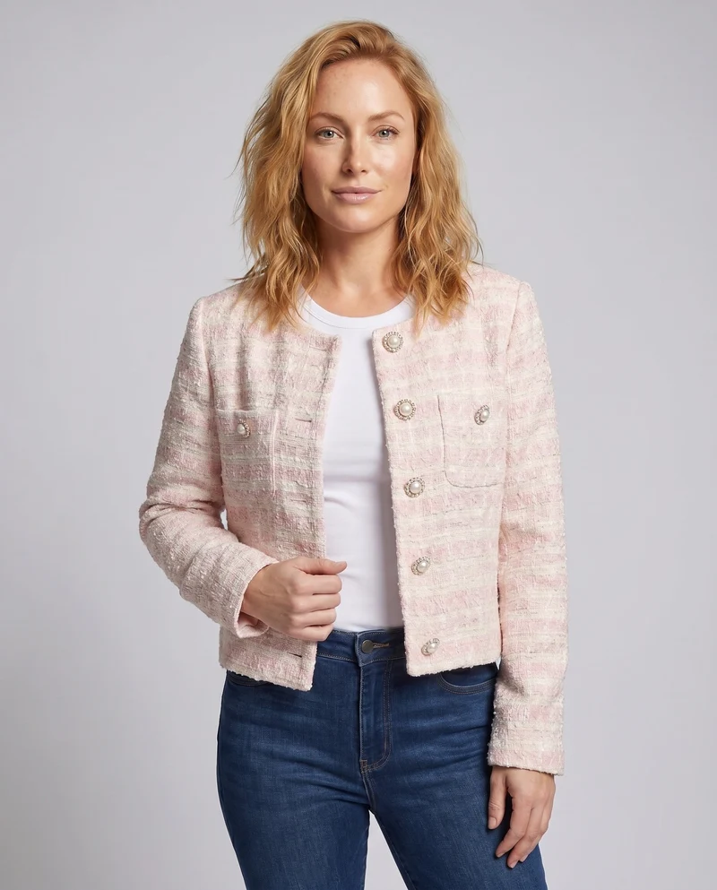 Damen elegante Tweedjacke mit Perlenknöpfen und modischem Design