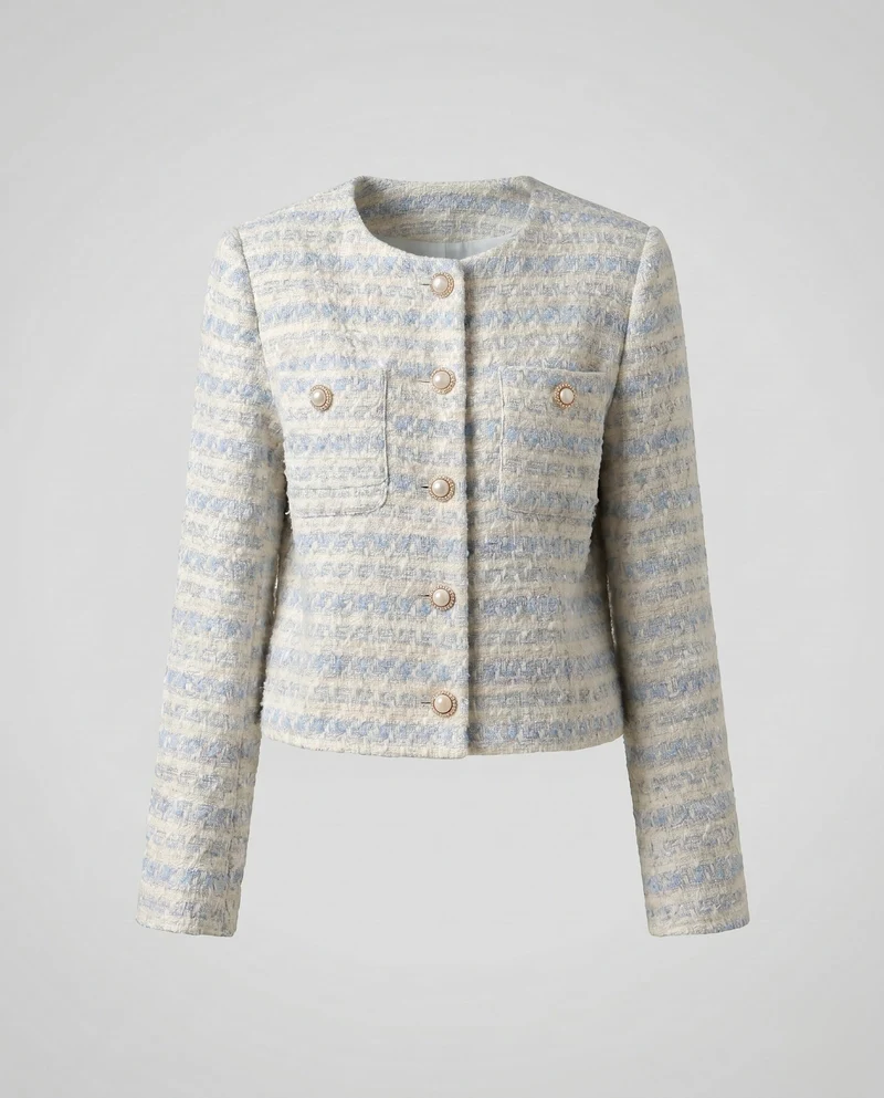 Damen elegante Tweedjacke mit Perlenknöpfen und modischem Design