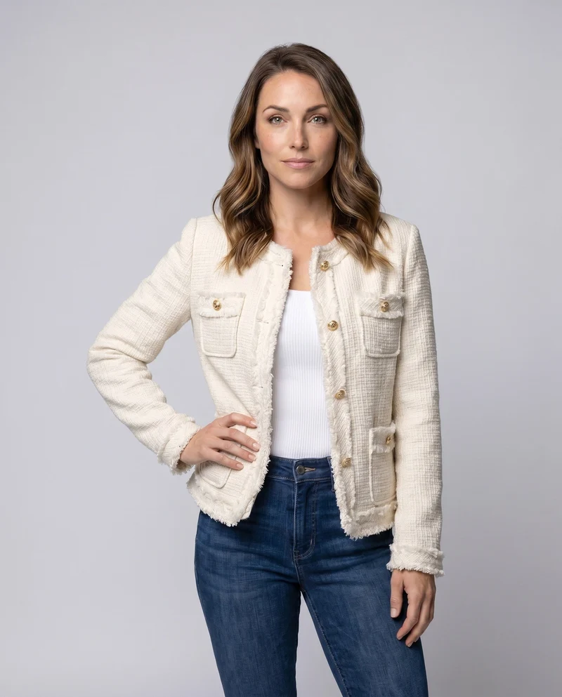 Damen festlicher Tweed-Jacke mit Taschen und goldenen Knöpfen