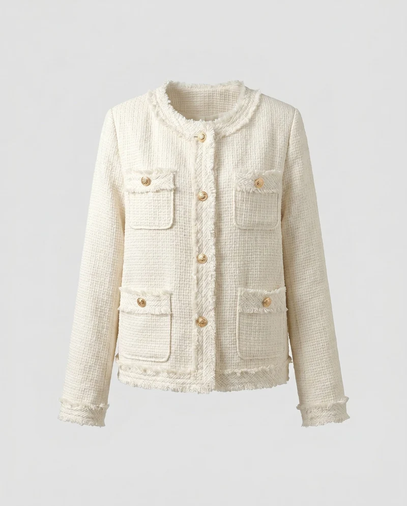 Damen festlicher Tweed-Jacke mit Taschen und goldenen Knöpfen