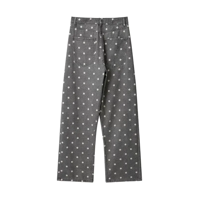 Damen Weite Highwaist Denimhose mit Polka‑Dot Print und Five‑Pocket-Design Drune