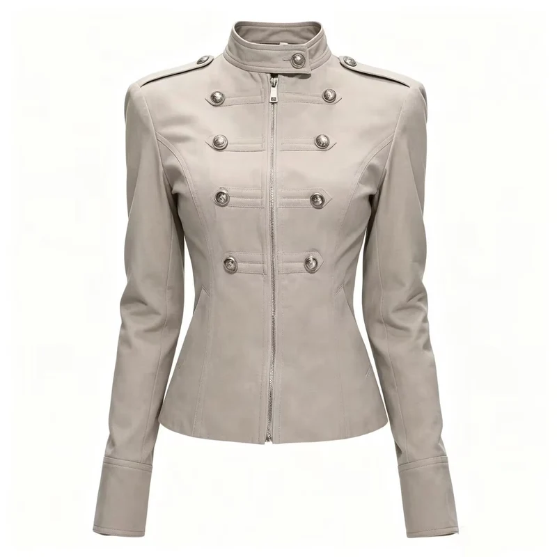 Damen Taillierte Military‑Inspired Jacke mit Stehkragen, Zierknopfreihe und Reißverschluss Drune