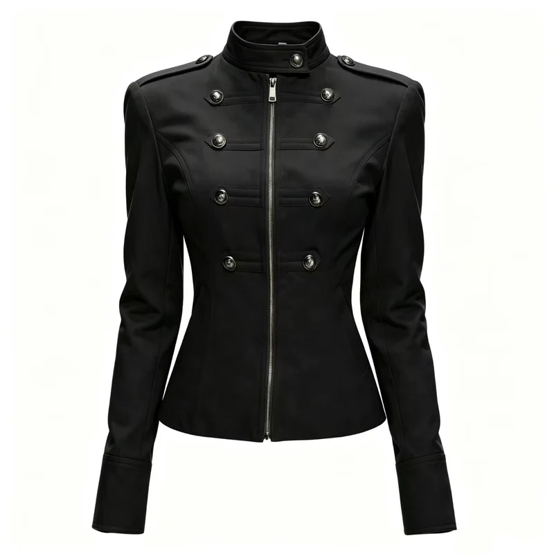 Damen Taillierte Military‑Inspired Jacke mit Stehkragen, Zierknopfreihe und Reißverschluss Drune