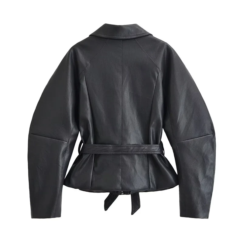 Damen Taillierte Lederoptik‑Jacke mit Bindegürtel und überschnittenen Ärmeln Drune