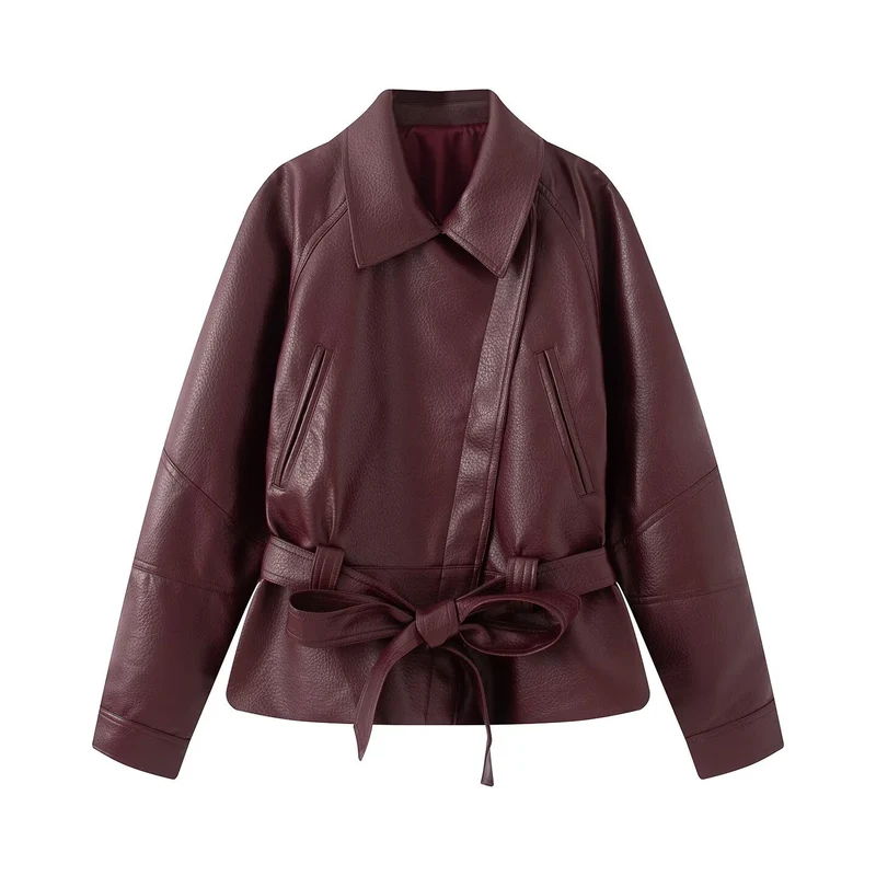 Damen taillierte Lederjacke mit Bindegürtel und überschnittener Schulter Drune