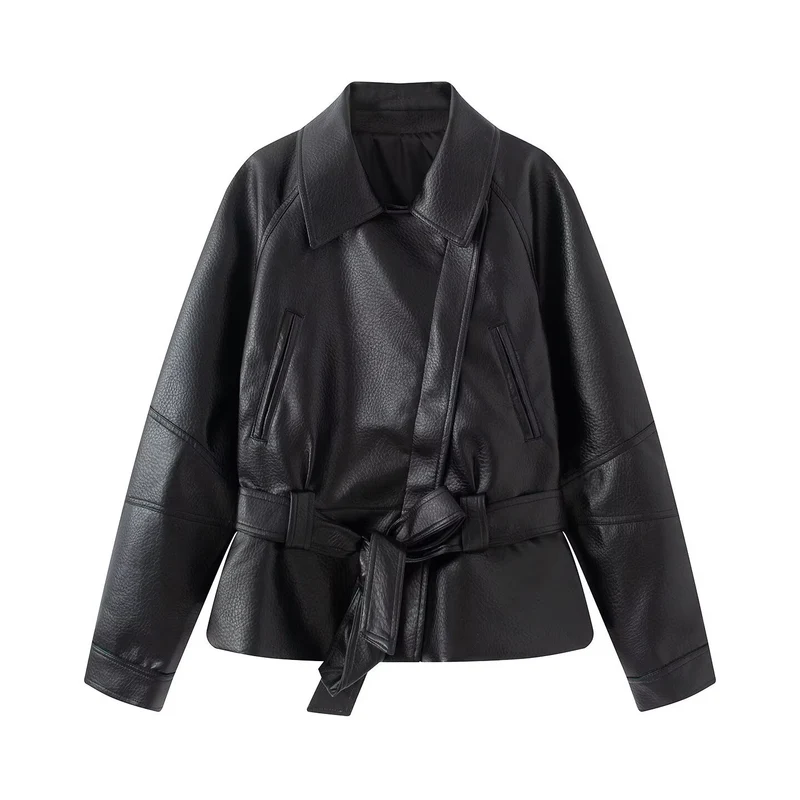 Damen taillierte Lederjacke mit Bindegürtel und überschnittener Schulter Drune