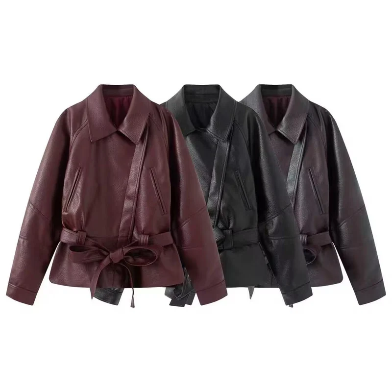 Damen taillierte Lederjacke mit Bindegürtel und überschnittener Schulter Drune