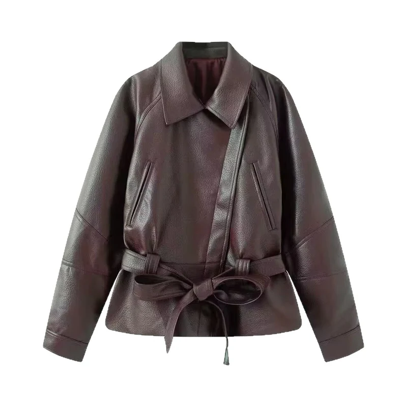 Damen taillierte Lederjacke mit Bindegürtel und überschnittener Schulter Drune