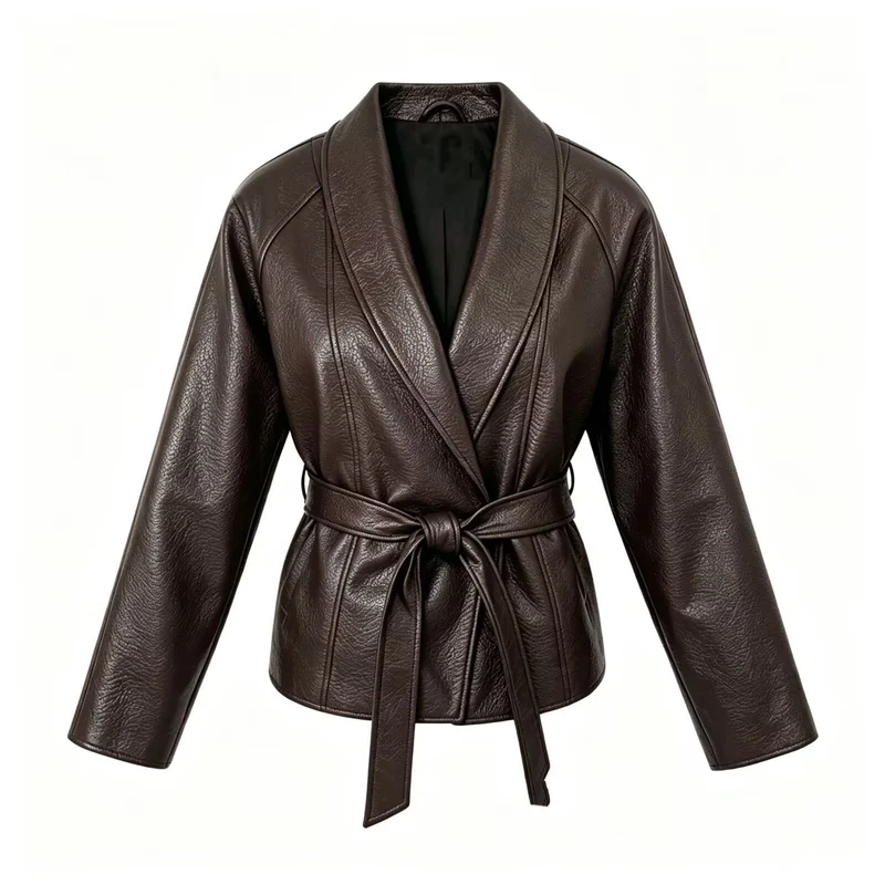 Damen Taillierte Kunstlederjacke mit Schalkragen und Bindegürtel Drune