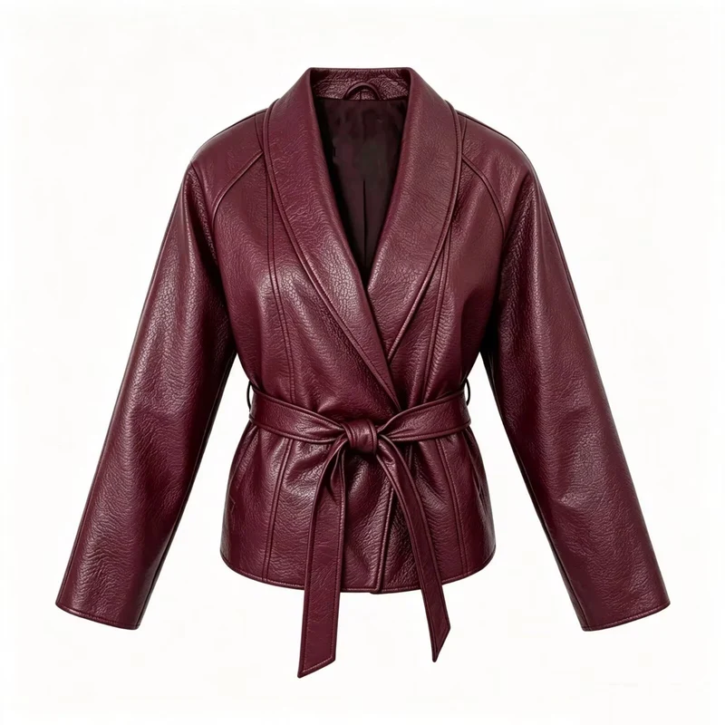 Damen Taillierte Kunstlederjacke mit Schalkragen und Bindegürtel Drune
