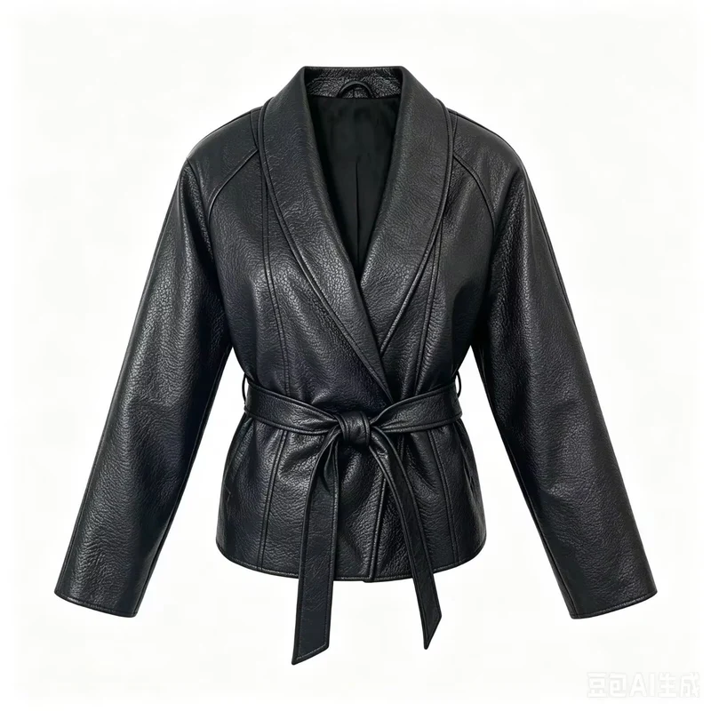 Damen Taillierte Kunstlederjacke mit Schalkragen und Bindegürtel Drune