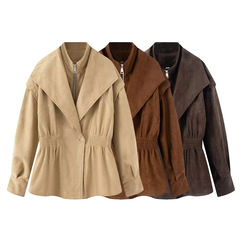 Damen Taillierte Jacke in Wildlederoptik mit großem Schalkragen, Reißverschluss und geraffter Taille Drune