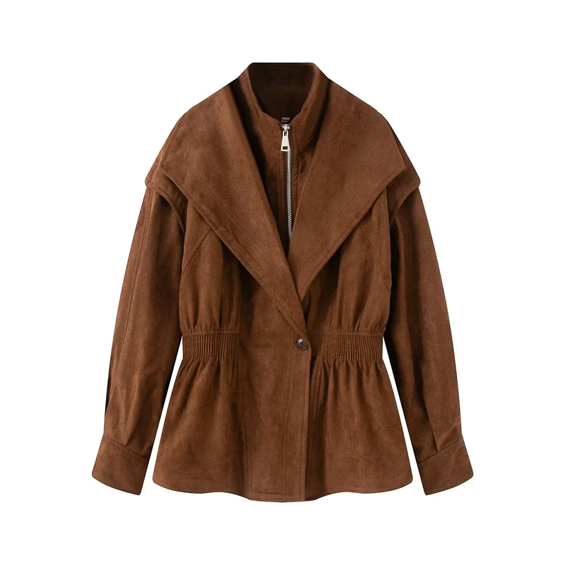 Damen Taillierte Jacke in Wildlederoptik mit großem Schalkragen, Reißverschluss und geraffter Taille Drune