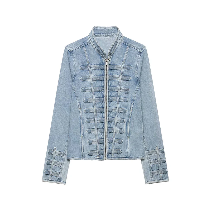 Damen Taillierte Denimjacke mit militärischen Galon‑Details und Stehkragen Drune