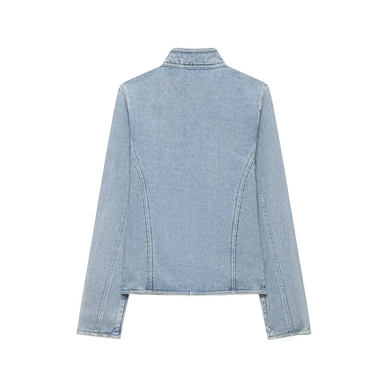 Damen Taillierte Denimjacke mit militärischen Galon‑Details und Stehkragen Drune