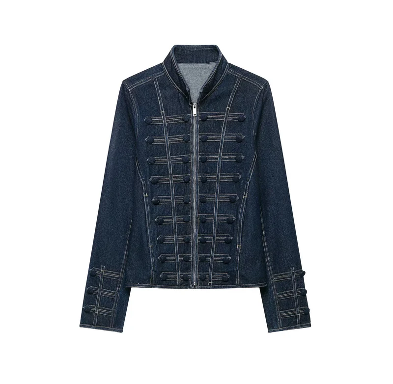 Damen Taillierte Denimjacke mit militärischen Galon‑Details und Stehkragen Drune