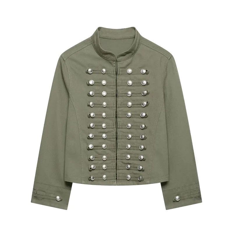 Damen Taillierte Denim‑Blazerjacke im militärisch inspirierten Marschallstil mit Zierknopfleiste Drune