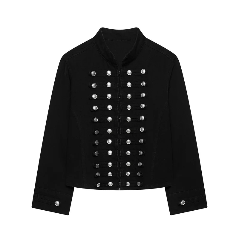 Damen Taillierte Denim‑Blazerjacke im militärisch inspirierten Marschallstil mit Zierknopfleiste Drune