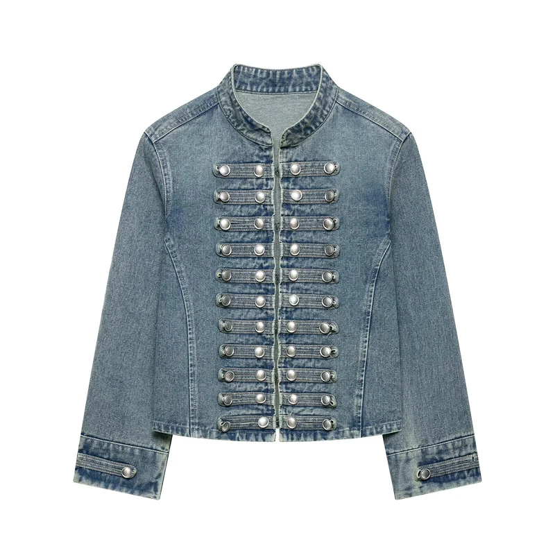 Damen Taillierte Denim‑Blazerjacke im militärisch inspirierten Marschallstil mit Zierknopfleiste Drune