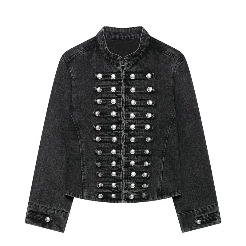 Damen Taillierte Denim‑Blazerjacke im militärisch inspirierten Marschallstil mit Zierknopfleiste Drune