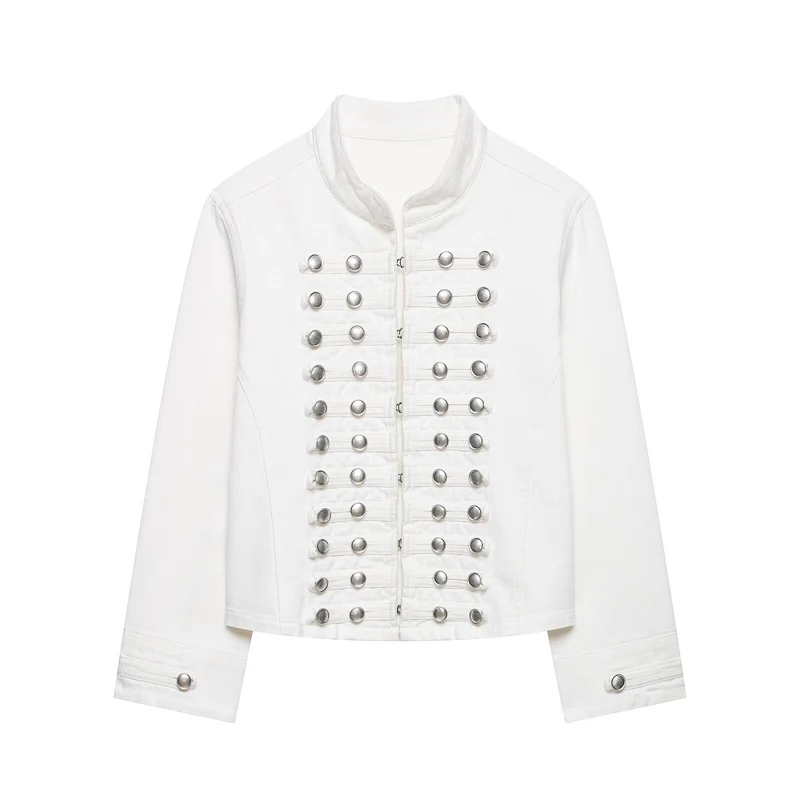 Damen Taillierte Denim‑Blazerjacke im militärisch inspirierten Marschallstil mit Zierknopfleiste Drune
