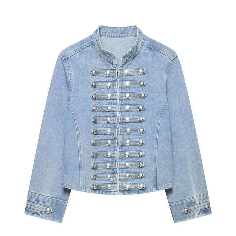 Damen Taillierte Denim‑Blazerjacke im militärisch inspirierten Marschallstil mit Zierknopfleiste Drune