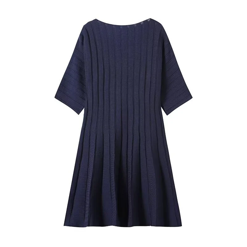 Damen Strukturiertes A-Linien Strickkleid mit halblangen Ärmeln Drune