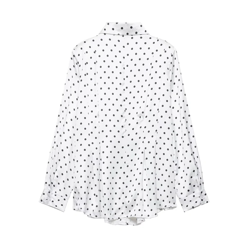 Damen Satinbluse mit übergroßem spitzen Hemdkragen, Faltenpartie und Pünktchen-Print Drune