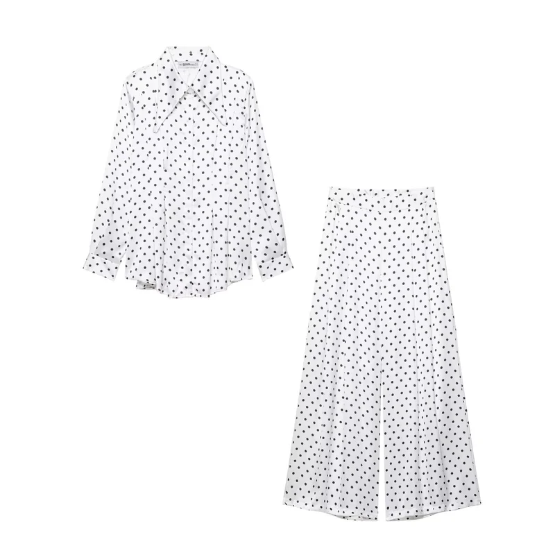 Damen Satinbluse mit übergroßem spitzen Hemdkragen, Faltenpartie und Pünktchen-Print Drune