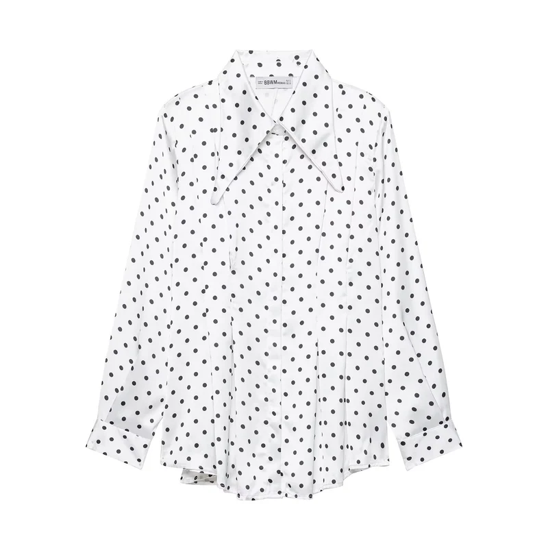 Damen Satinbluse mit übergroßem spitzen Hemdkragen, Faltenpartie und Pünktchen-Print Drune