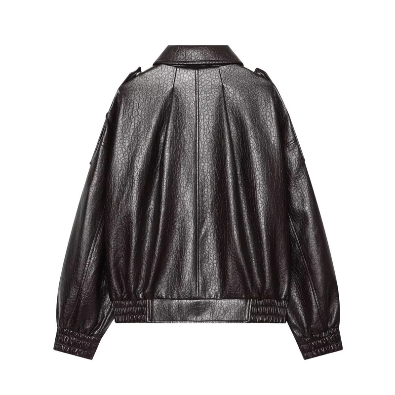 Damen Oversized Kunstleder-Bomberjacke mit Schulterklappen und gerafftem Saum Drune