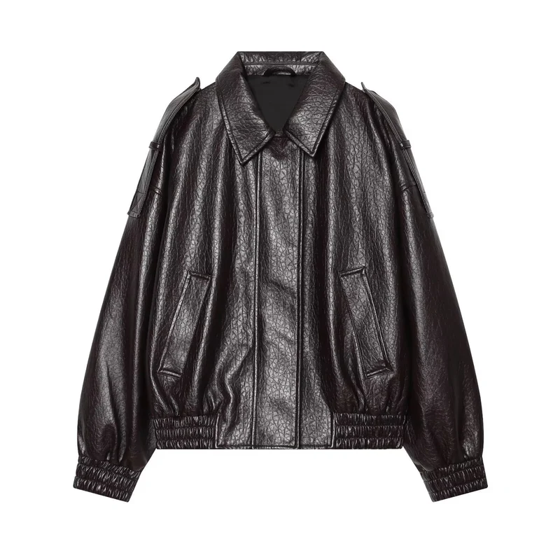 Damen Oversized Kunstleder-Bomberjacke mit Schulterklappen und gerafftem Saum Drune