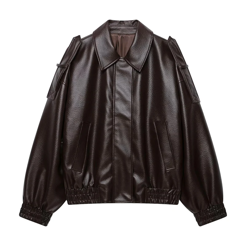 Damen Oversized Kunstleder-Bomberjacke mit Epauletten, elastischem Saum und Eingrifftaschen Drune