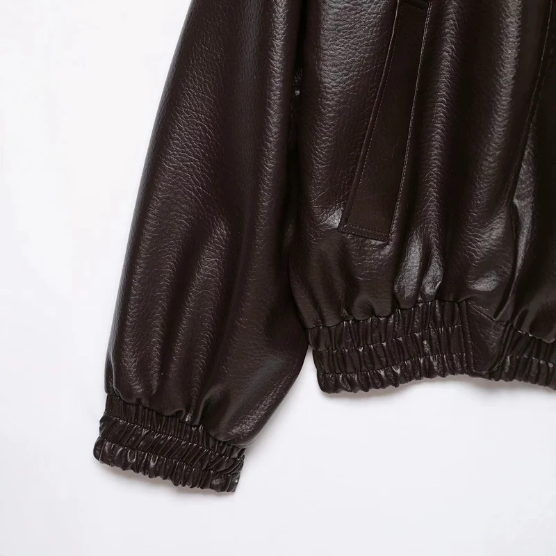 Damen Oversized Kunstleder-Bomberjacke mit Epauletten, elastischem Saum und Eingrifftaschen Drune