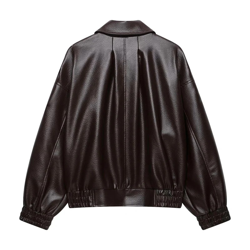 Damen Oversized Kunstleder-Bomberjacke mit Epauletten, elastischem Saum und Eingrifftaschen Drune