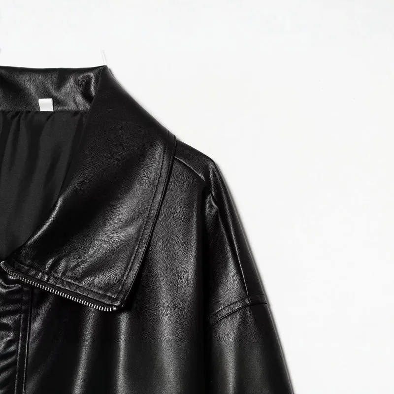 Damen Oversized Kunstleder-Bomberjacke mit breitem Reverskragen und elastischem Saum Drune