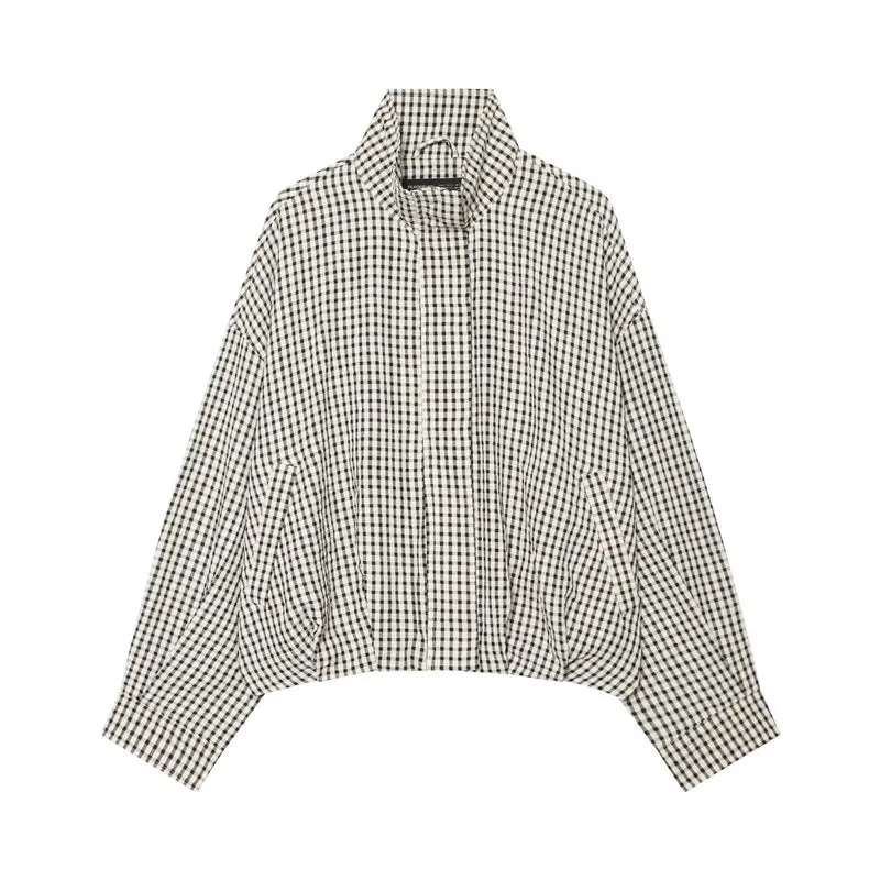 Damen Oversized Karo‑Jacke mit Stehkragen und gerafftem Saum Drune