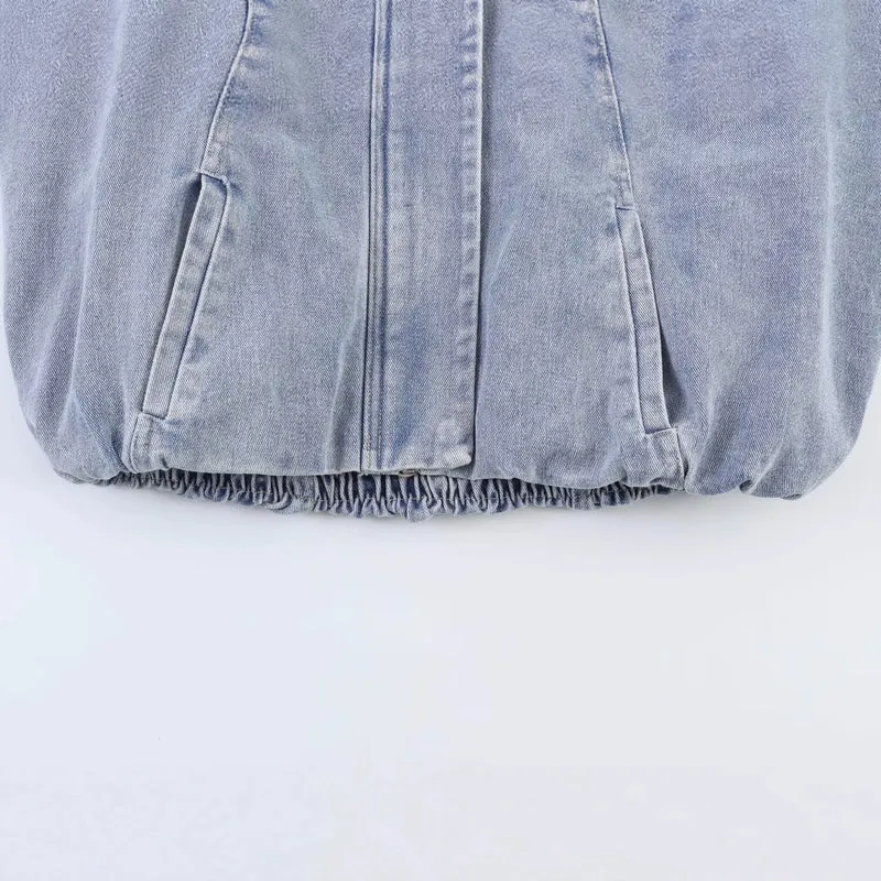 Damen Oversized Jeans-Bomberjacke mit Stehkragen und Tunnelzug Drune