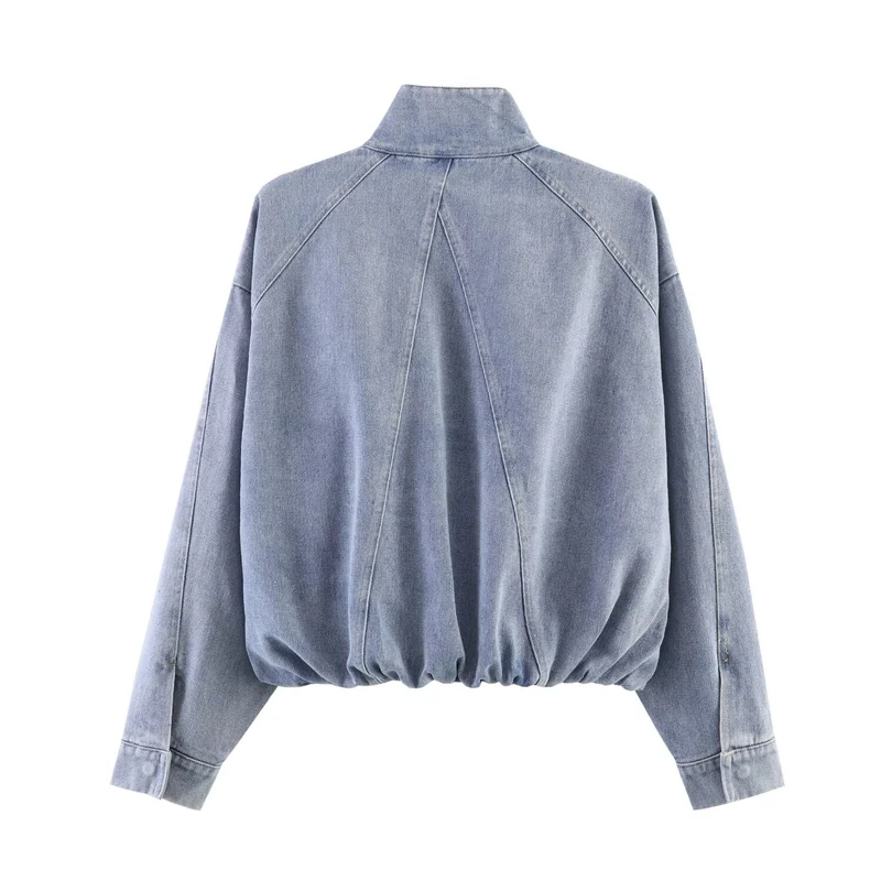 Damen Oversized Jeans-Bomberjacke mit Stehkragen und Tunnelzug Drune