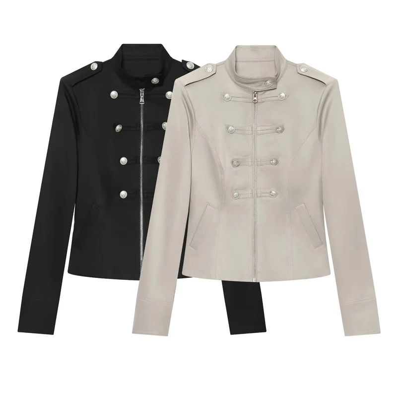 Damen Militärisch inspirierte Kurzjacke mit Reißverschluss und Zierknöpfen Drune