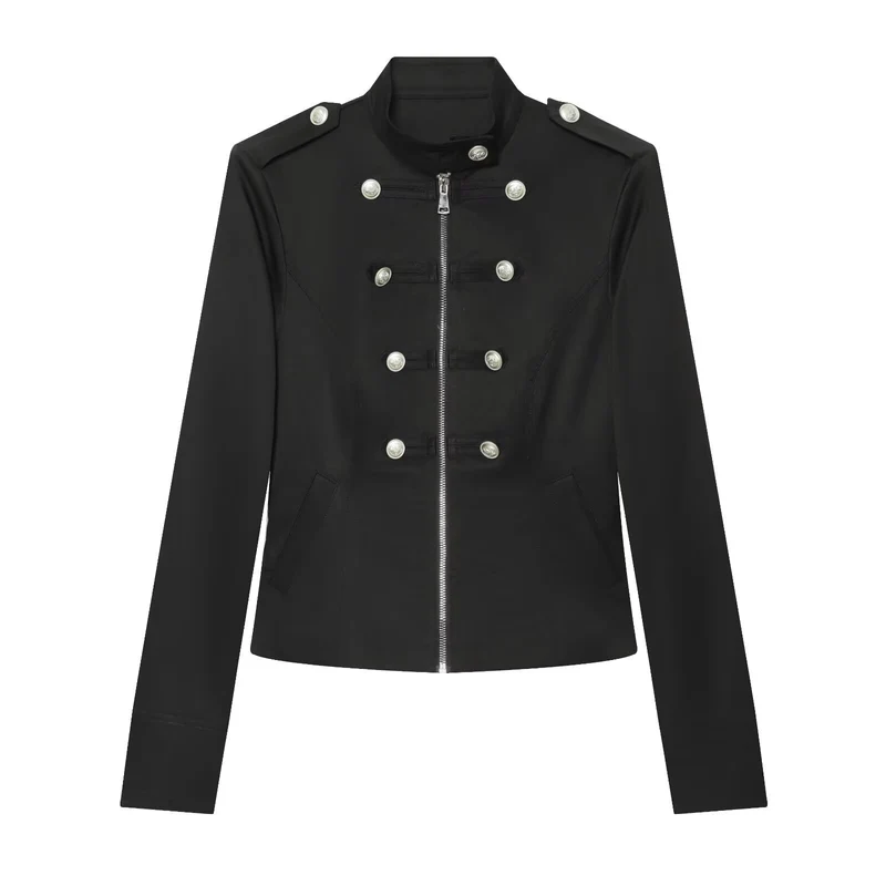 Damen Militärisch inspirierte Kurzjacke mit Reißverschluss und Zierknöpfen Drune