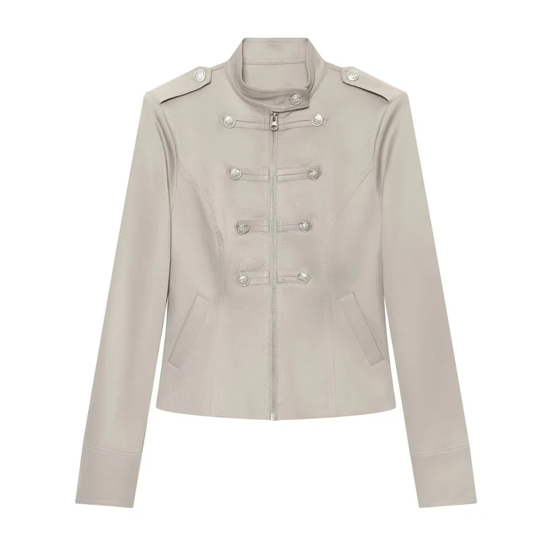 Damen Militärisch inspirierte Kurzjacke mit Reißverschluss und Zierknöpfen Drune