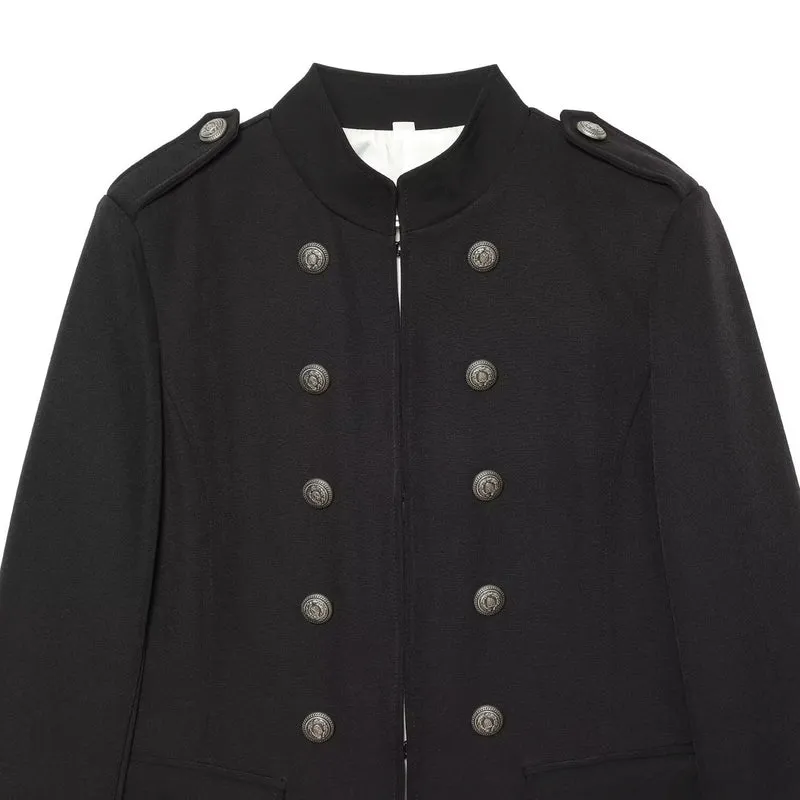 Damen Militärisch inspirierte Doppelreihige Kurzjacke mit Stehkragen und Epauletten Drune