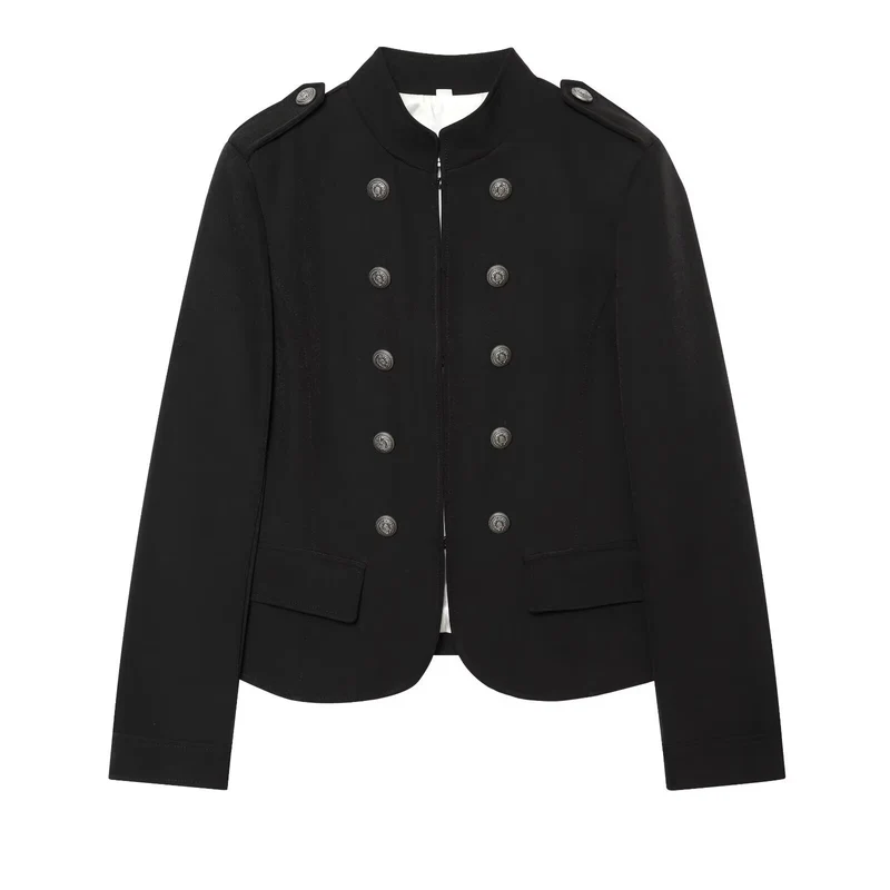 Damen Militärisch inspirierte Doppelreihige Kurzjacke mit Stehkragen und Epauletten Drune