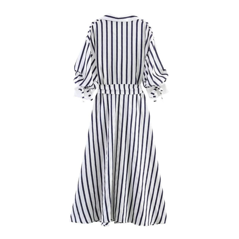 Damen Midi-Hemdblusenkleid mit diagonalen Streifen, tailliertem Bindegürtel und Ballonärmeln Drune