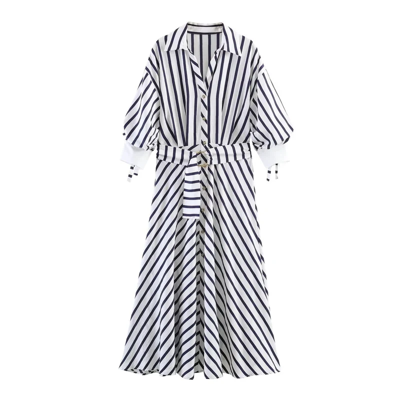 Damen Midi-Hemdblusenkleid mit diagonalen Streifen, tailliertem Bindegürtel und Ballonärmeln Drune