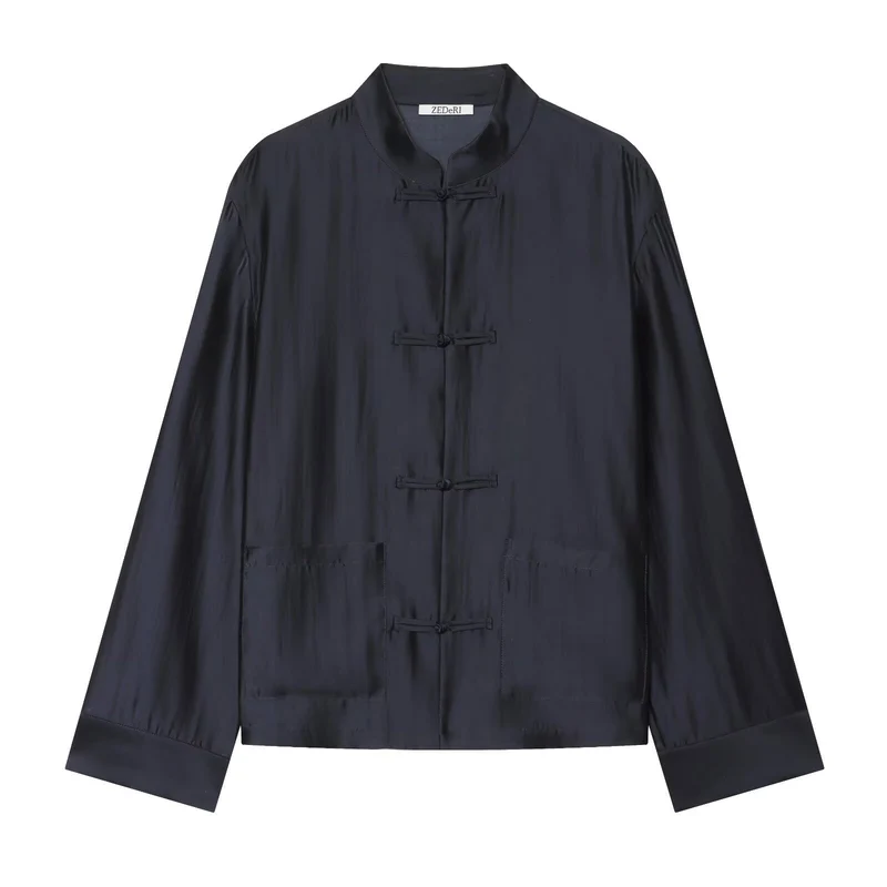 Damen Mandarinkragen-Jacke mit Chinesischen Knotenverschlüssen und aufgesetzten Taschen Drune