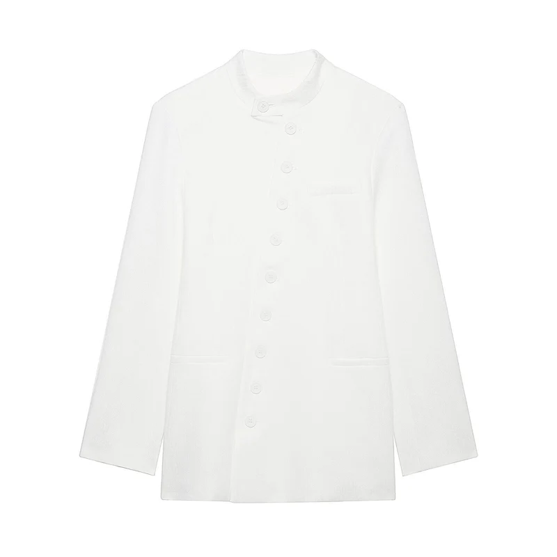 Damen Mandarin-Kragen Longblazer mit durchgehender Knopfleiste und aufgesetzten Taschen Drune