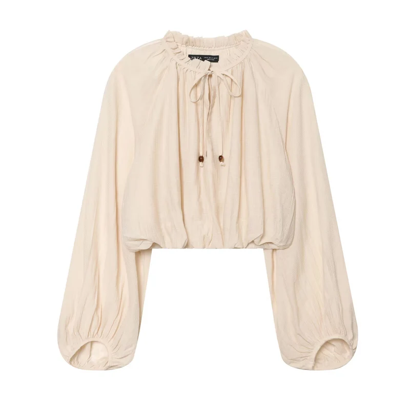 Damen Leichtes plissiertes Crop-Top mit Rüschenkragen und Kordelzug Drune