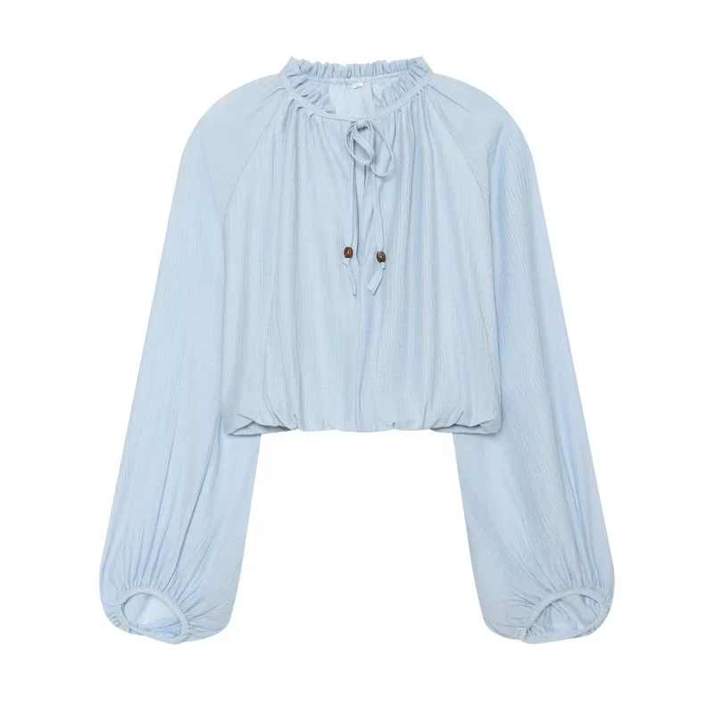 Damen Leichtes plissiertes Crop-Top mit Rüschenkragen und Kordelzug Drune